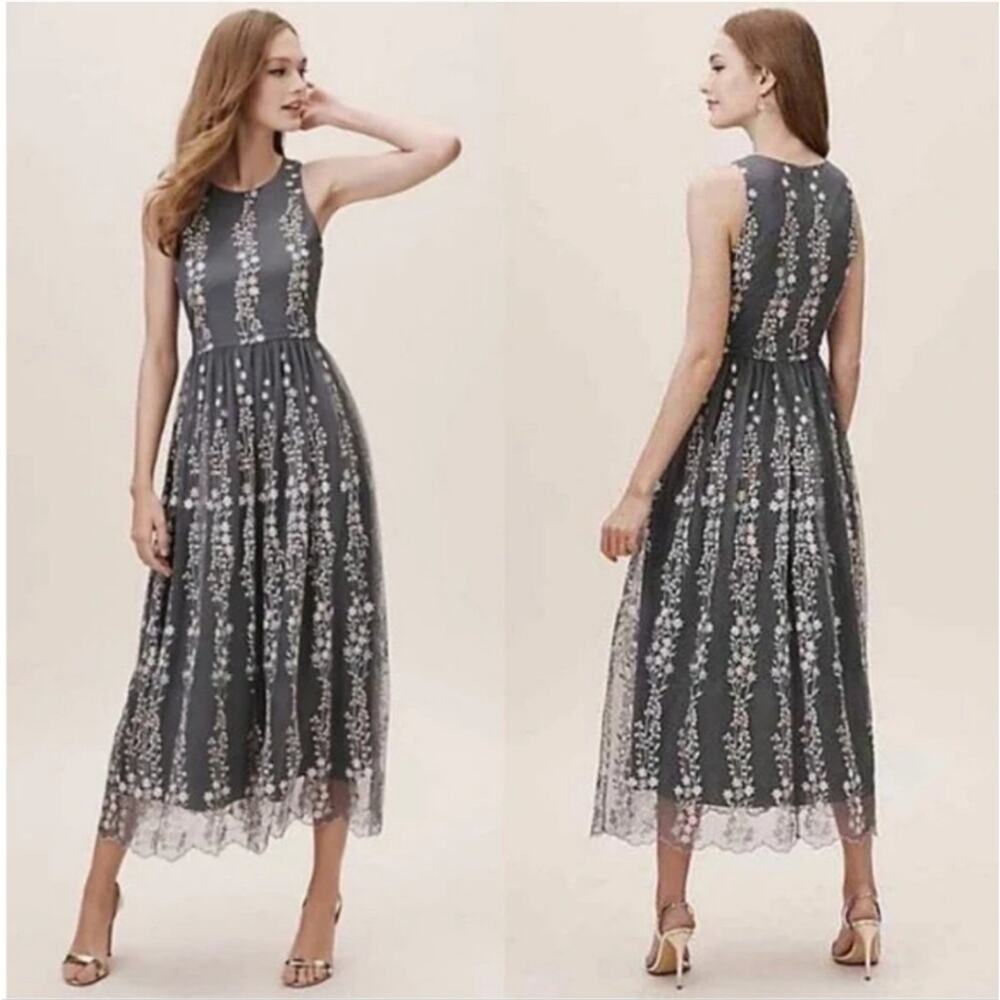 BHLDN NWT Anthropologie Bridesmaids Embroidered Floral Parsons Grey Midi Dress 0